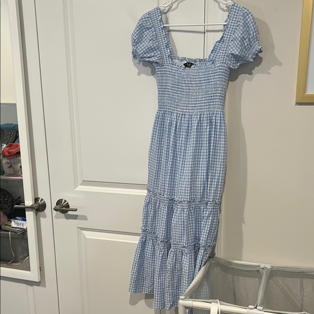Blue and White Smocked Puff Sleeve Midi Sundress